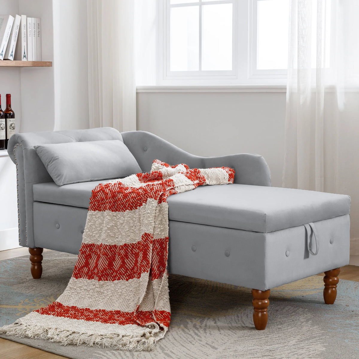 Grey Velvet Chaise Lounge with Storage and Pillow L21373