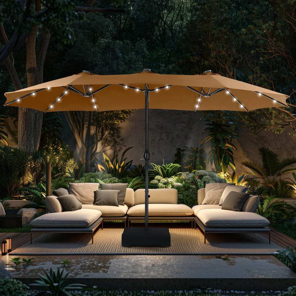 15ft Double-Sided Patio Umbrella with Solar Lights & Base X90513