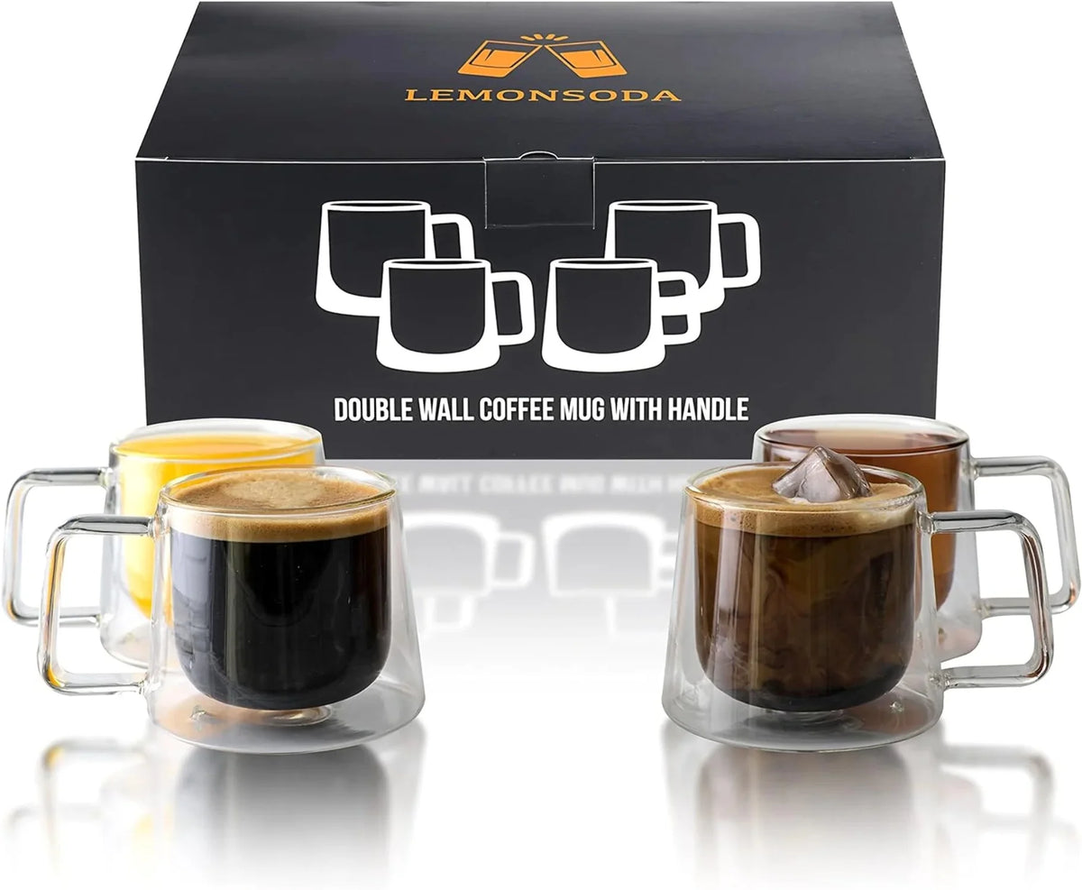 Double-Walled Borosilicate Glass Coffee Mug with Handle Pack of 4 8.5oz W67530