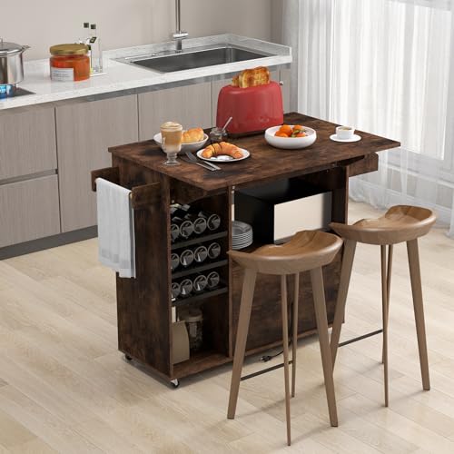 Rustic Brown Kitchen Island Cart with Drop-Leaf & Power Outlet B317