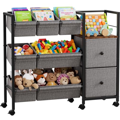 Kids Toy Organizers and Storage Bins, 7 Storage Bins, 2 Fabric Drawers, 1 Bookshelf, Black M2381