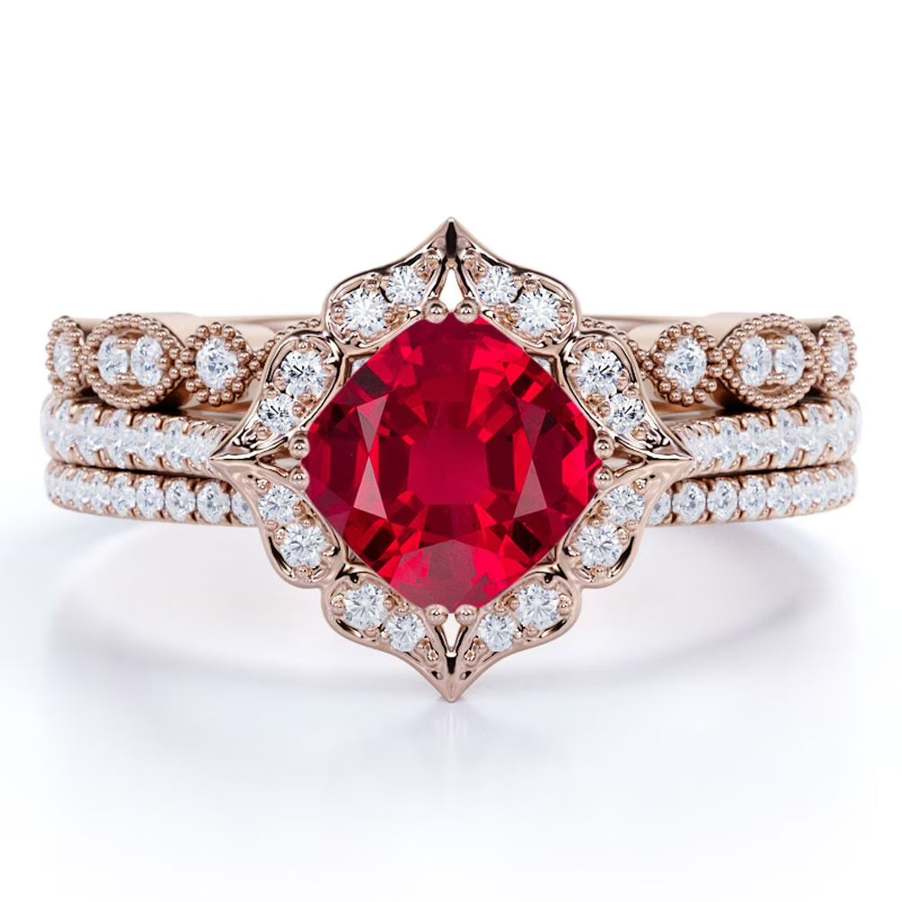 18k Rose Gold over Silver Simulated Ruby Trio Ring Set A32313