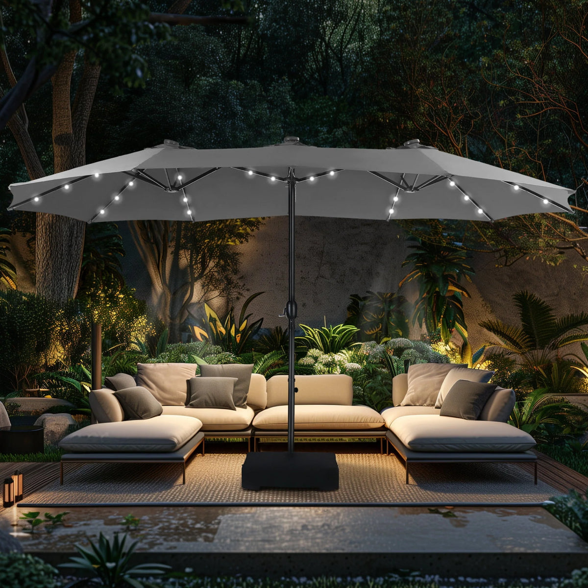 15ft Double-Sided Patio Umbrella with Solar Lights & Base X90513