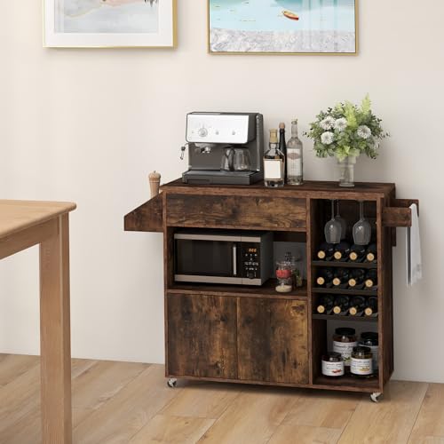 Rustic Brown Kitchen Island Cart with Drop-Leaf & Power Outlet B317