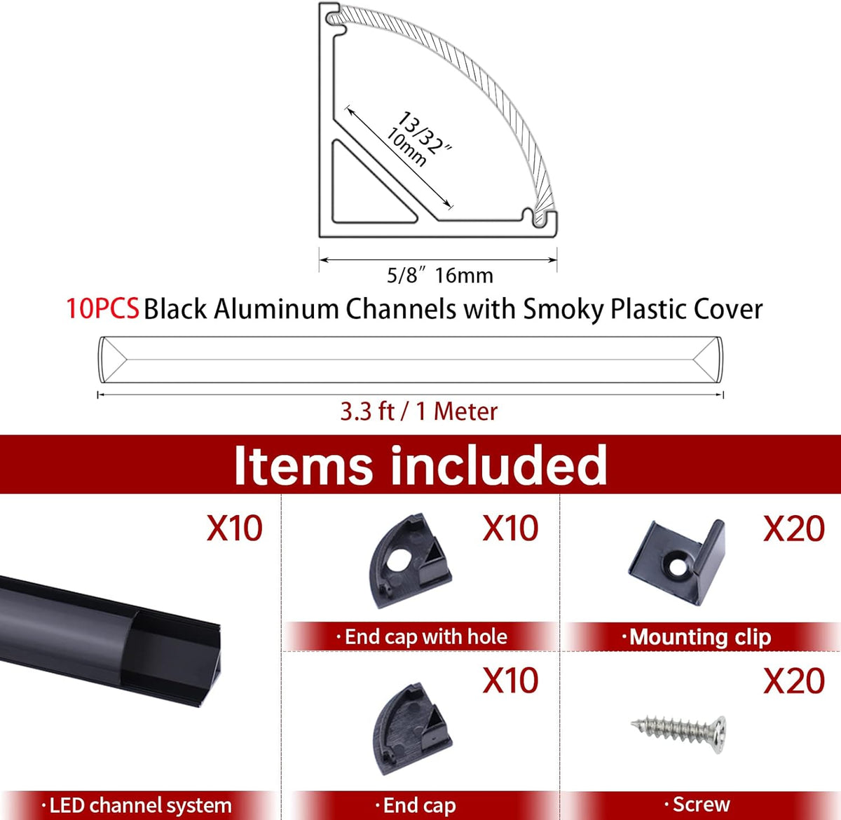 10 Pack 6.6FT Black Aluminum LED Channel System with Clear Cover Lens K708