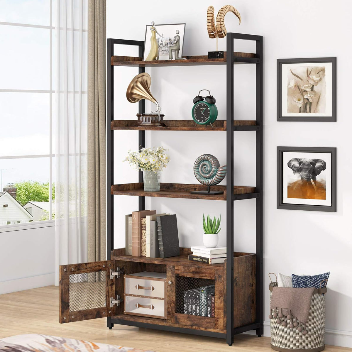 4-Tier Tall Bookshelf with 2 Storage Cabinets C5978