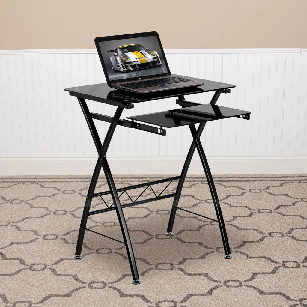 Black Tempered Glass Computer Desk with Keyboard Tray Y4678