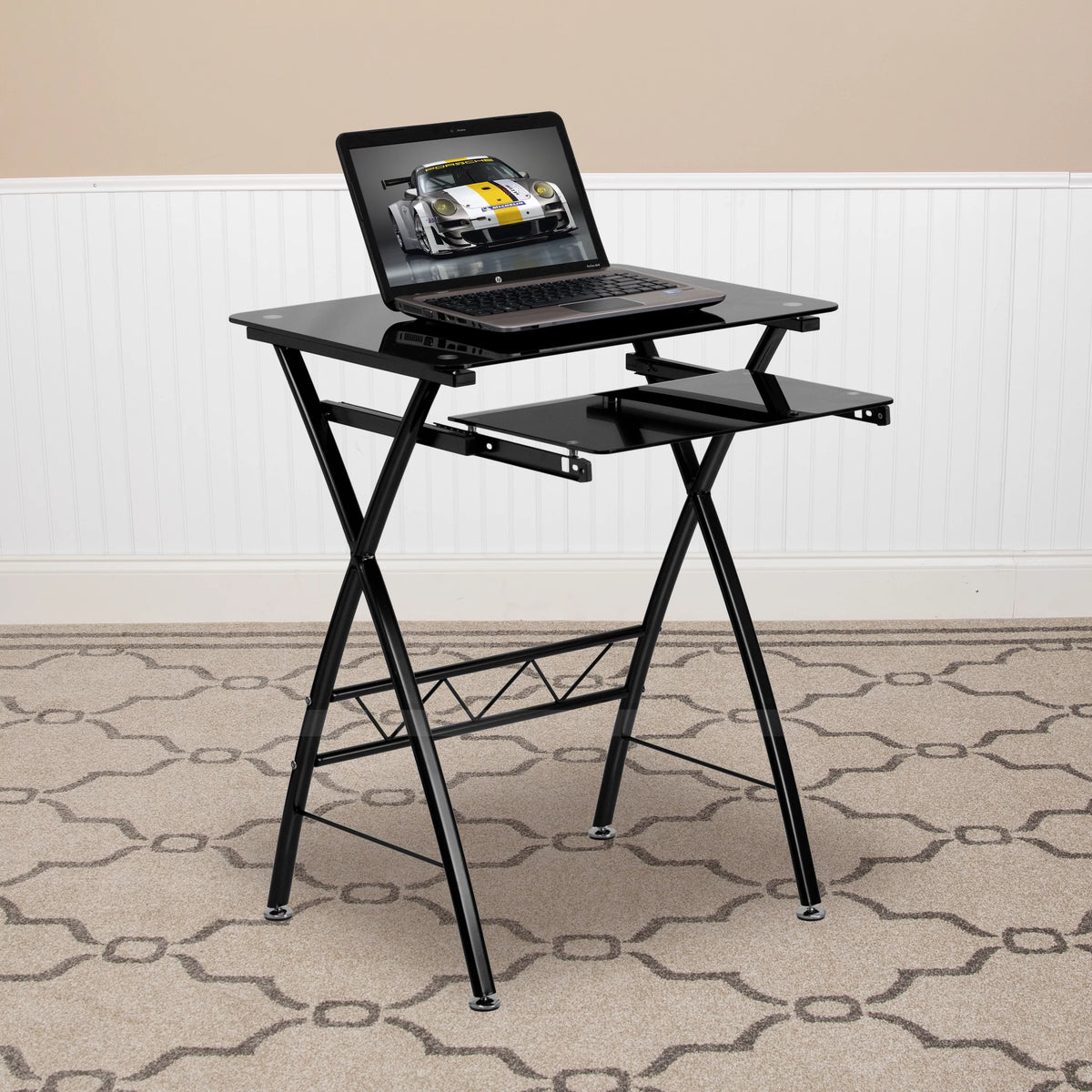 Black Tempered Glass Computer Desk with Keyboard Tray Y4678