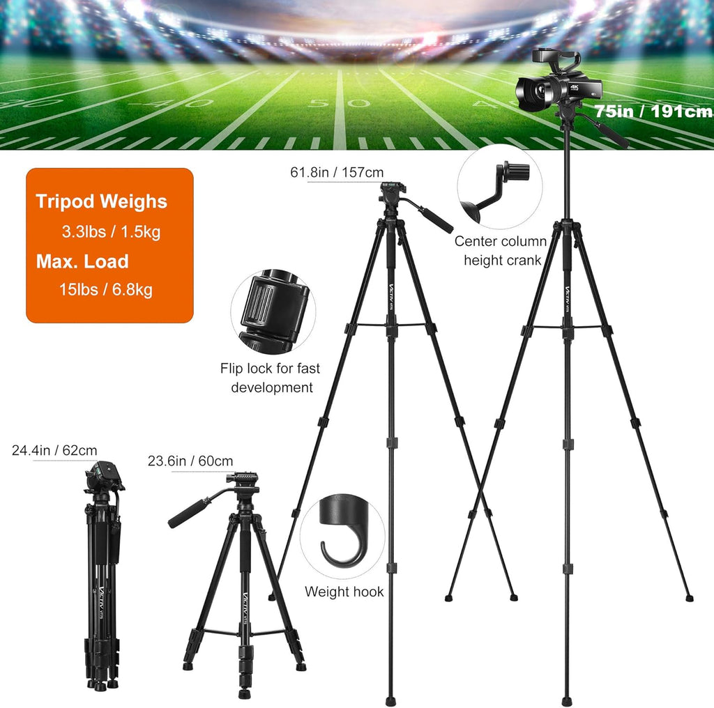 75 inch Tripod with Fluid Head, 2 Quick Release Mounts, Tablet & Phone Mount, Pack of 2 T73157