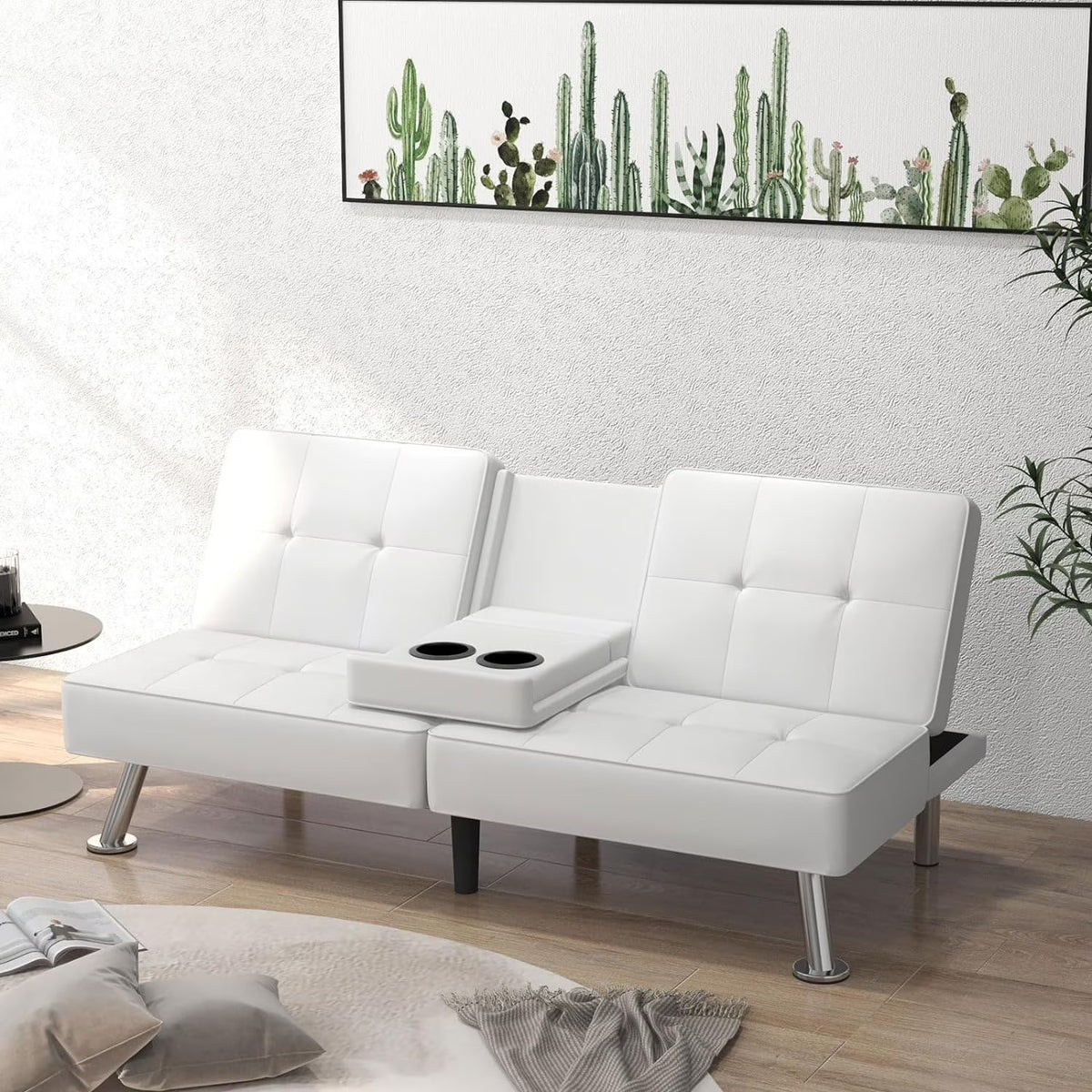 White Faux Leather Convertible Sofa Bed with 2 Cup Holders F496998