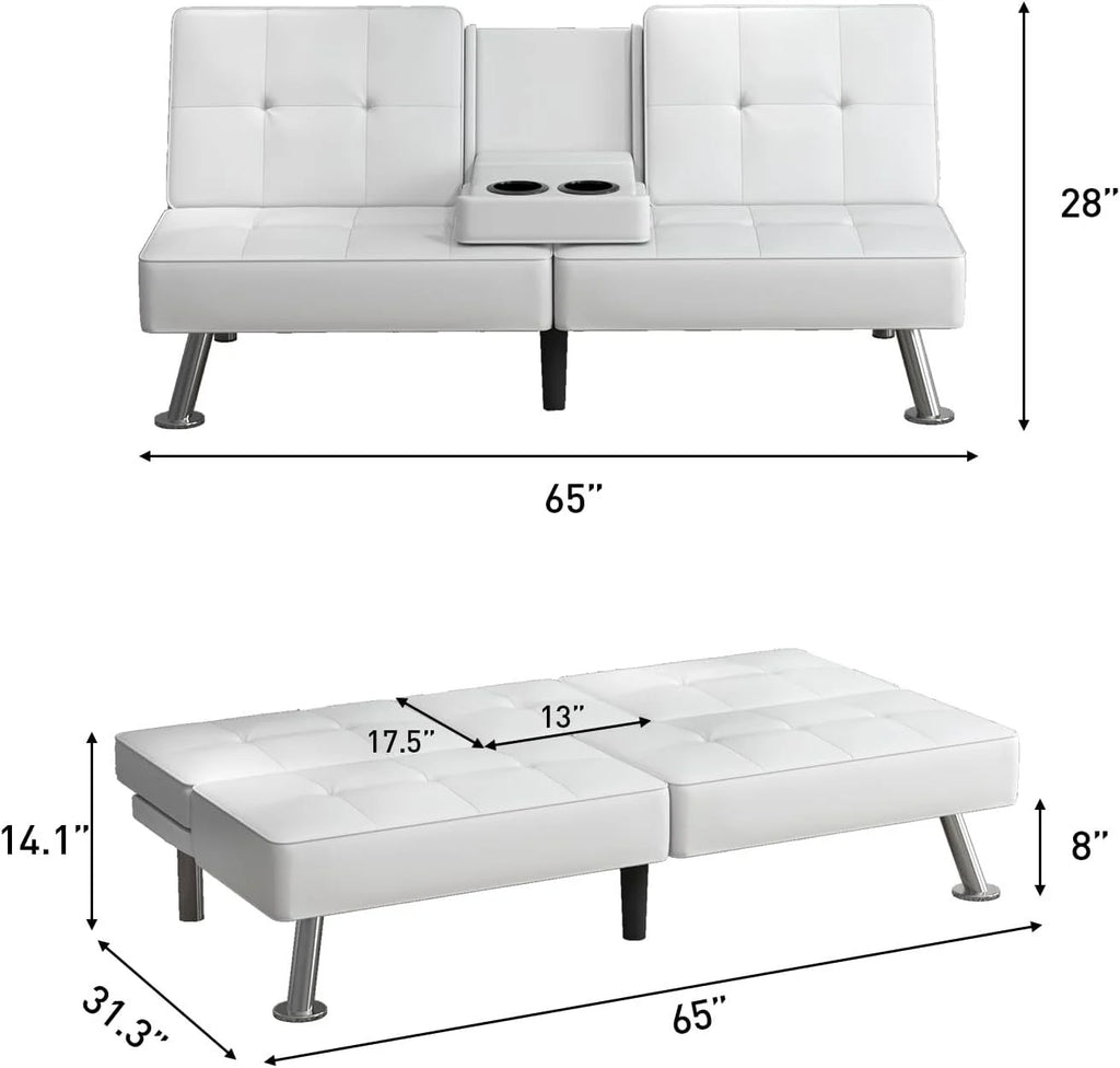 White Faux Leather Convertible Sofa Bed with 2 Cup Holders F496998