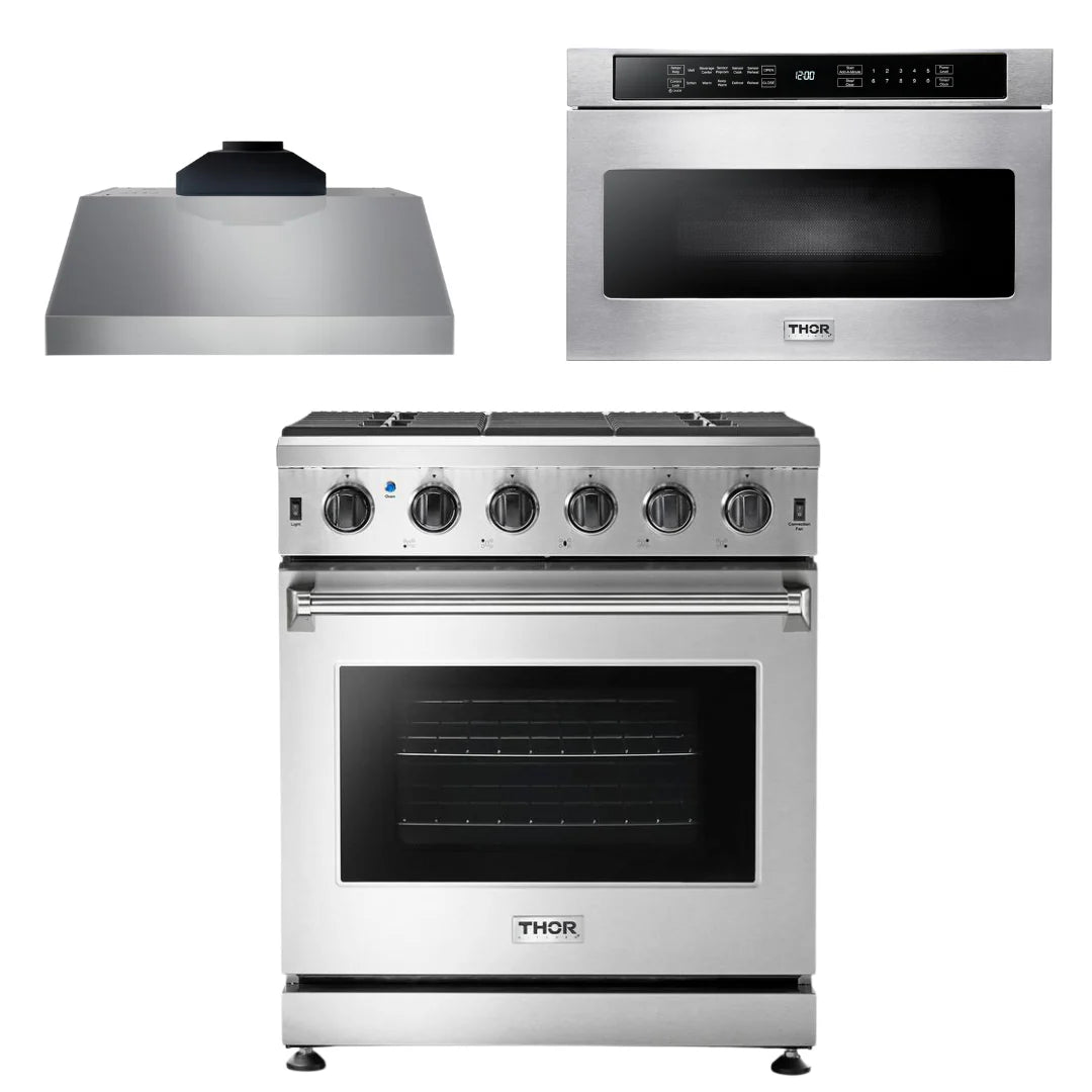 30 Propane Gas Range, Range Hood, Microwave Q38828