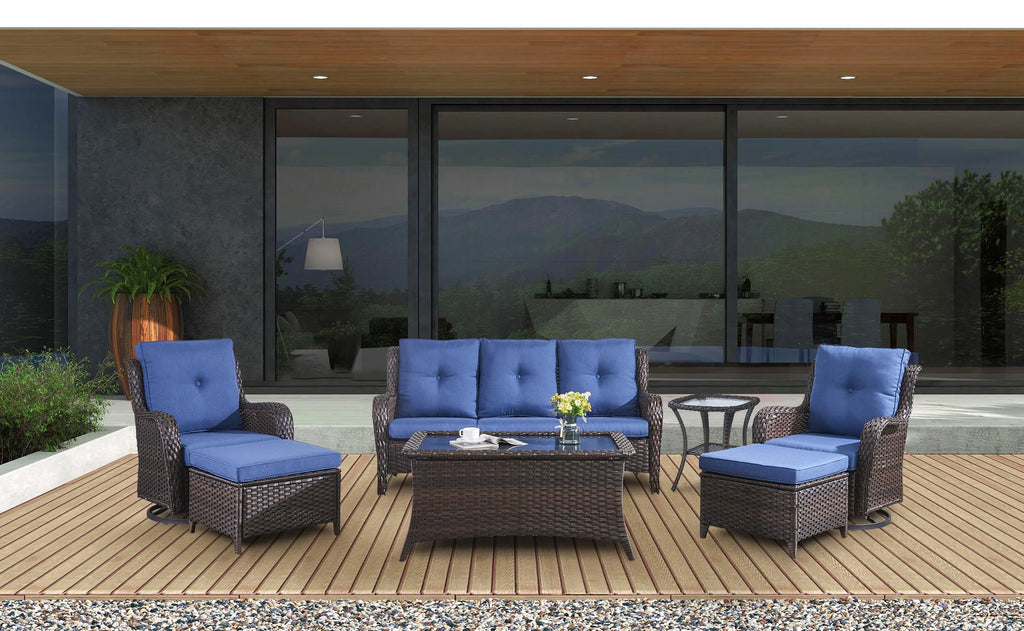 Blue 7 Pcs Outdoor Rattan Patio Furniture Set with Cushion J34636