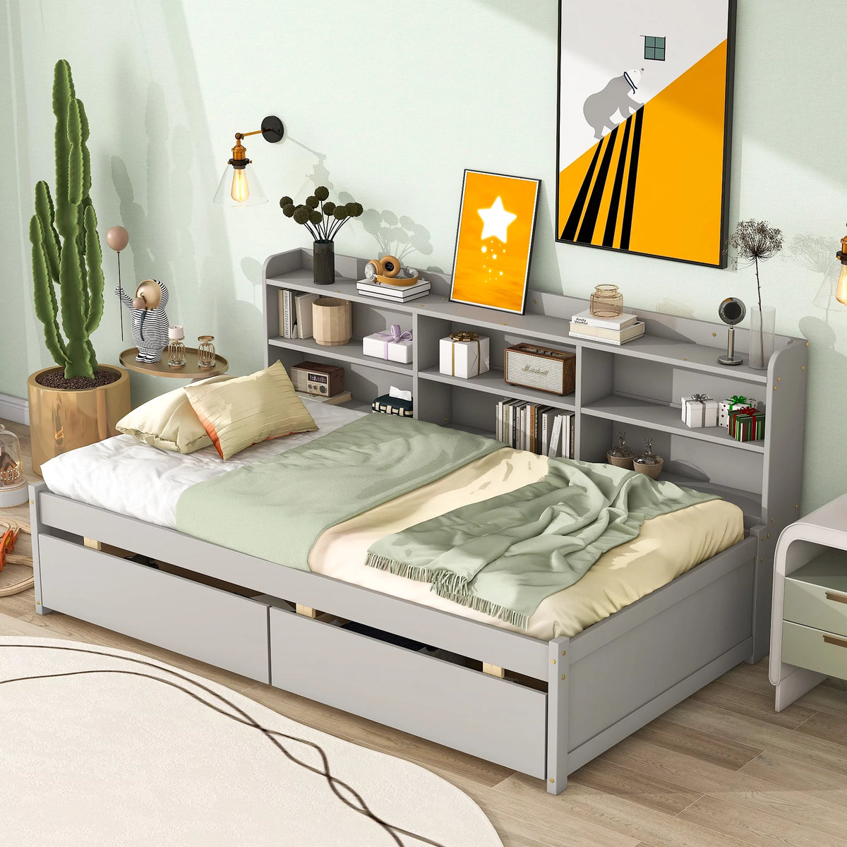 Twin Size Platform Bed with Bookcases and Drawers Gray E3488