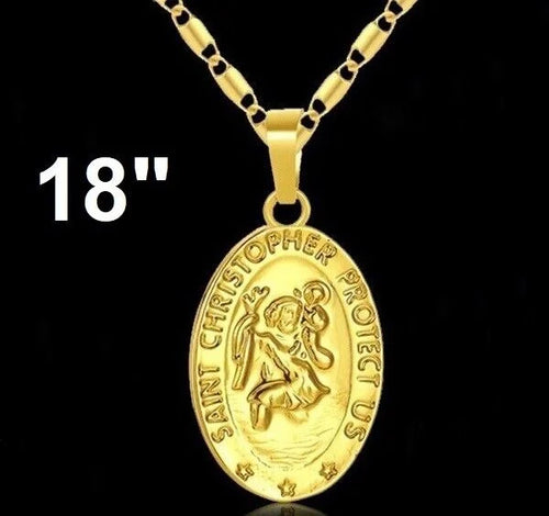 18k Gold Filled On Silver Saint Christopher Figaro Bar Chain Necklace V39236
