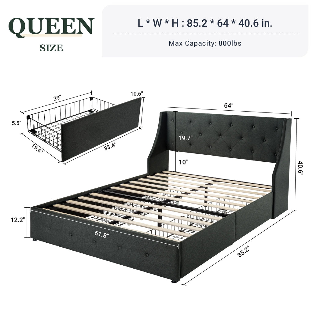 Queen Size Platform Bed Frame with 4 Storage Drawers O795045