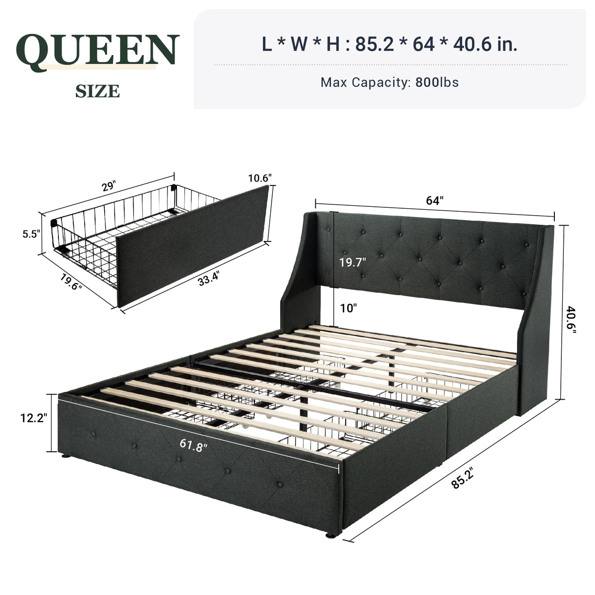 Queen Size Platform Bed Frame with 4 Storage Drawers O795045