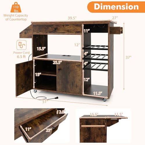 Rustic Brown Kitchen Island Cart with Drop-Leaf & Power Outlet B317