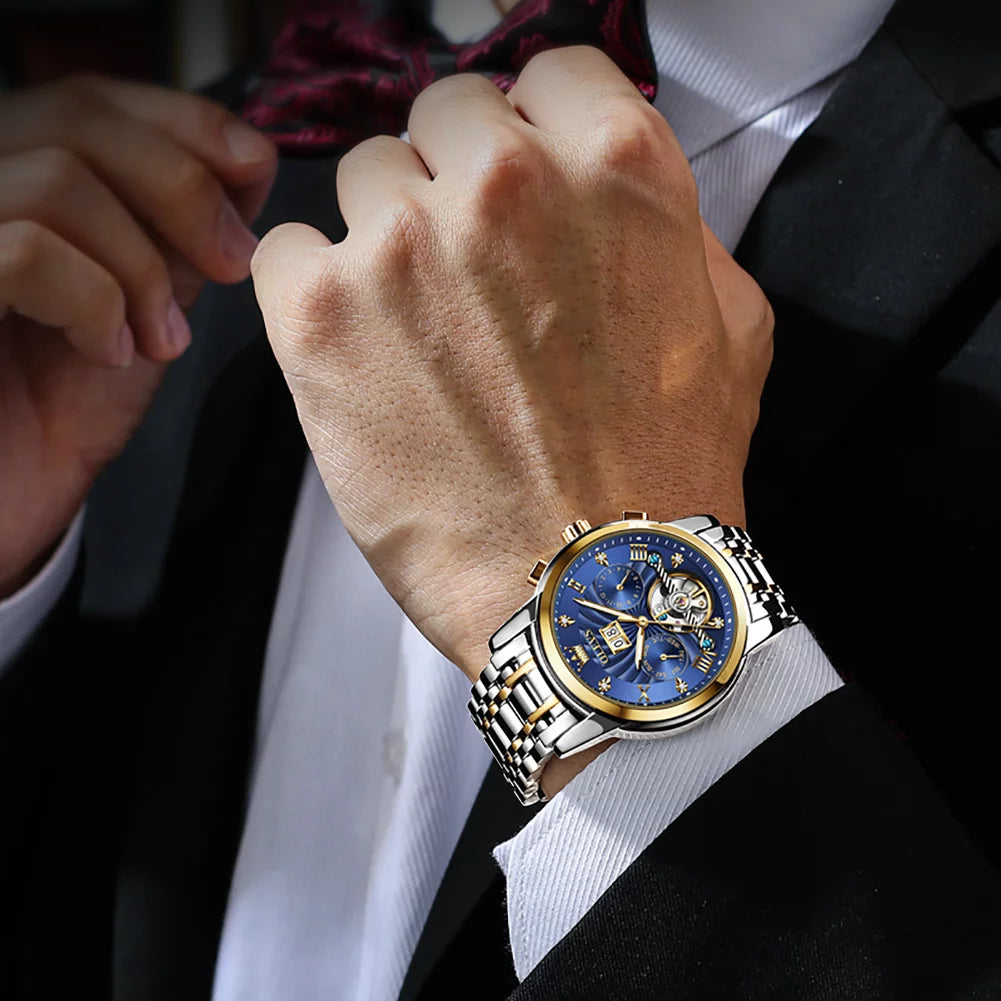 Automatic Skeleton Tourbillon Mechanical Stainless Steel Blue Dial Watch L368258