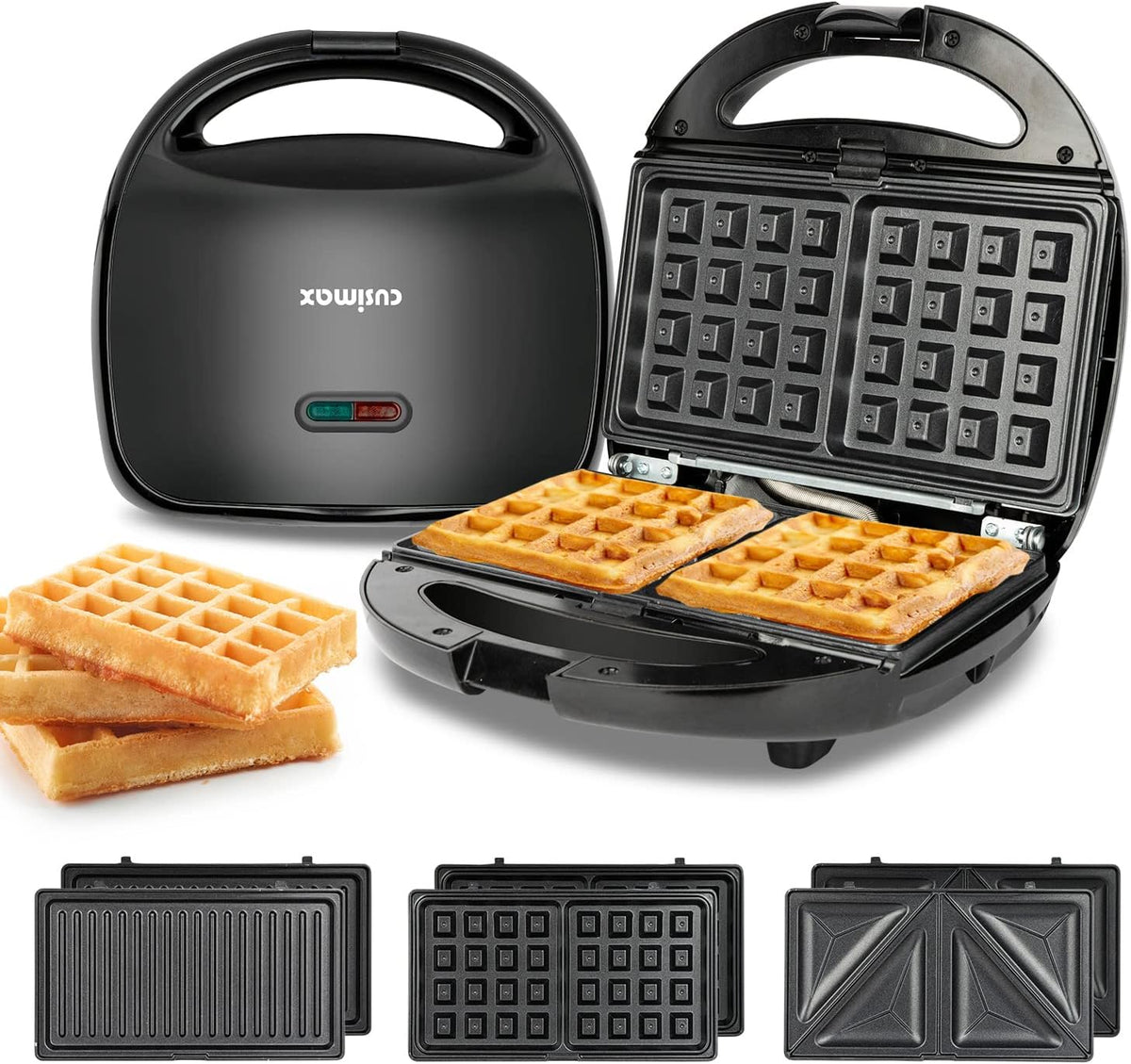 Black 3-in-1 Sandwich Maker and Waffle Iron with Non-stick Plate A9676
