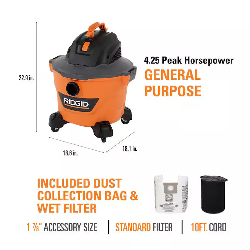 9 Gallon 4.25 Peak HP Wet/Dry Shop Vacuum with Filters Hose and Accessories T38593