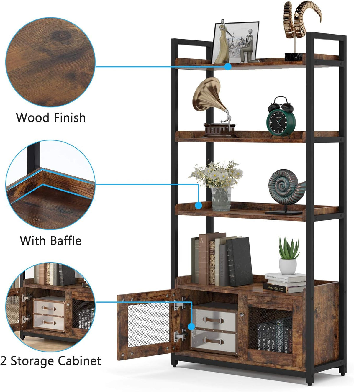 4-Tier Tall Bookshelf with 2 Storage Cabinets C5978