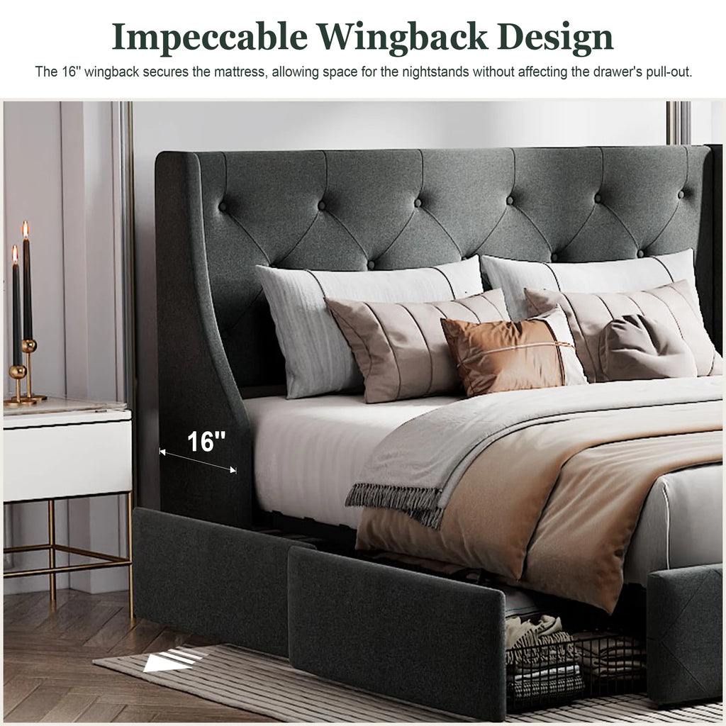 Queen Size Platform Bed Frame with 4 Storage Drawers O795045