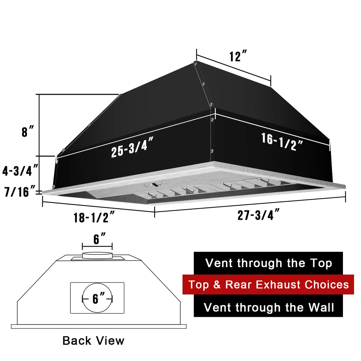30 Inch Stainless Steel Ducted Range Hood Insert, 600 CFM X827