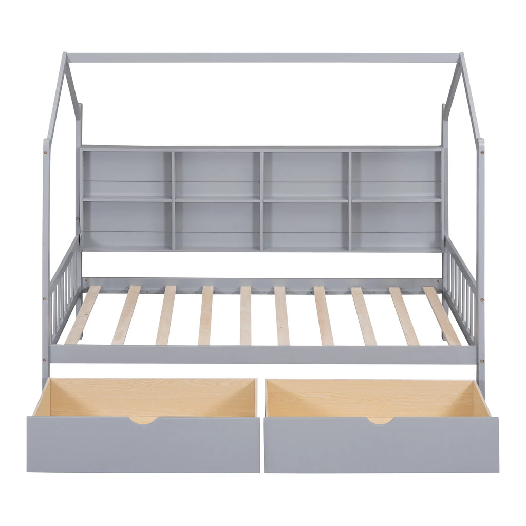 Wooden Twin Size House Bed with 2 Drawers and Storage Shelf Z461