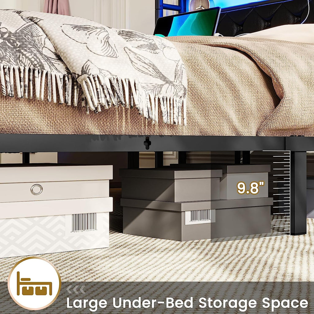 King Size Faux Leather Upholstered Platform Bed with LED Headboard K923