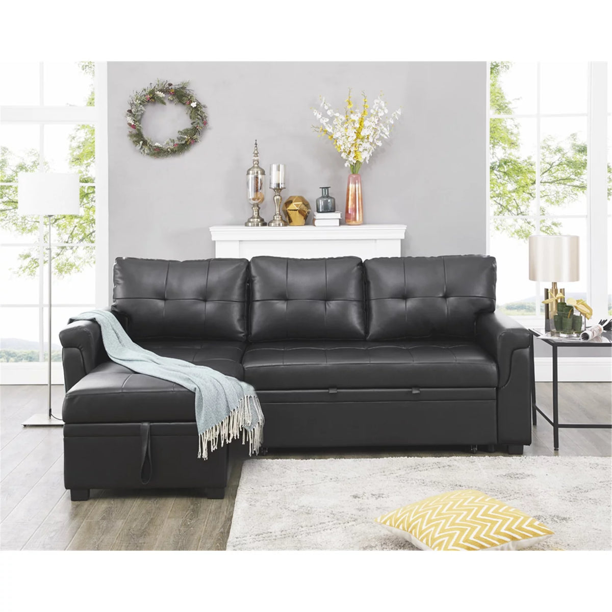 Black Air Leather Reversible Sleeper Sectional Sofa P833964