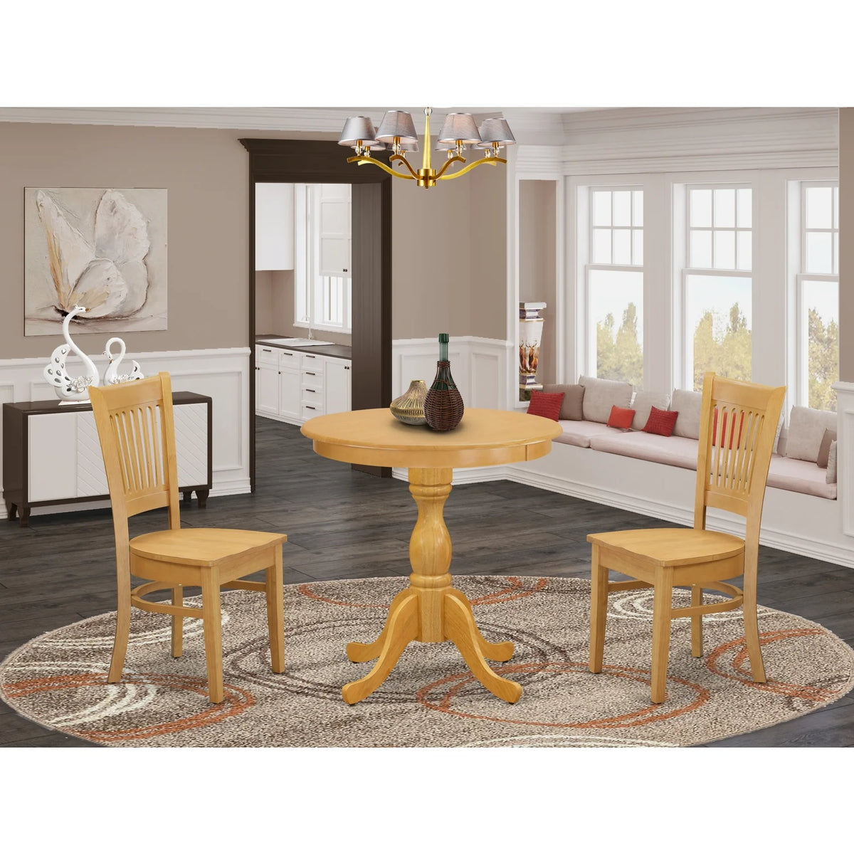 3-piece Oak Dining Table Set with Wood Seat Chairs T5087