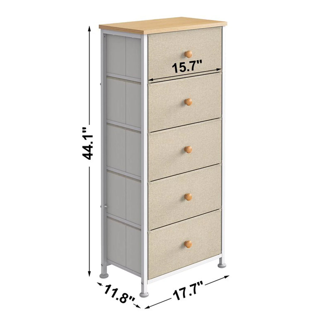 Narrow Metal Tower Dresser with 5 Fabric Drawer Bins B878