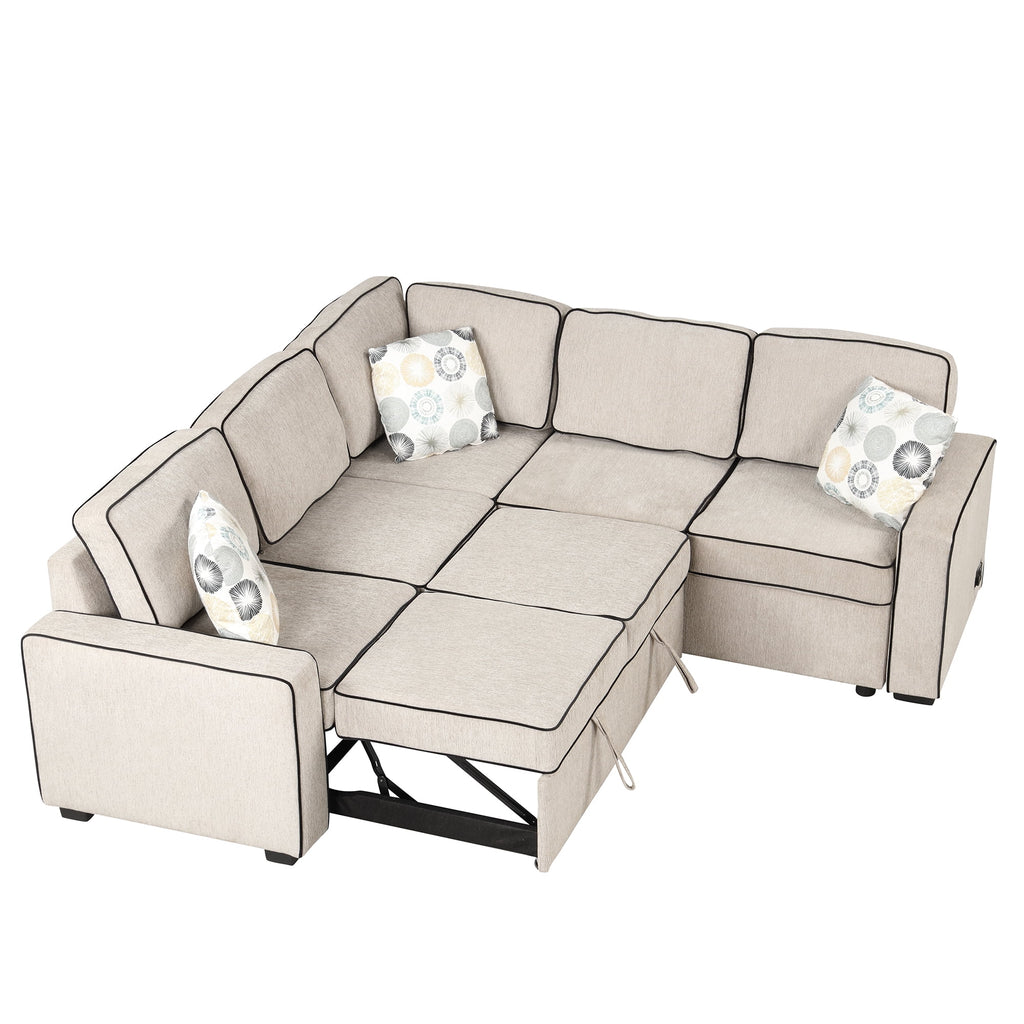 5 Seat Pull Out L-Shaped Sofa Bed with 2 USB Ports B2535