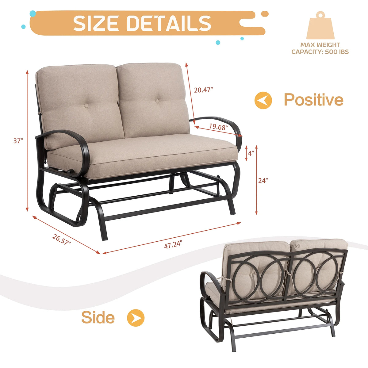 Metal Swing Glider Bench with Cushion J578