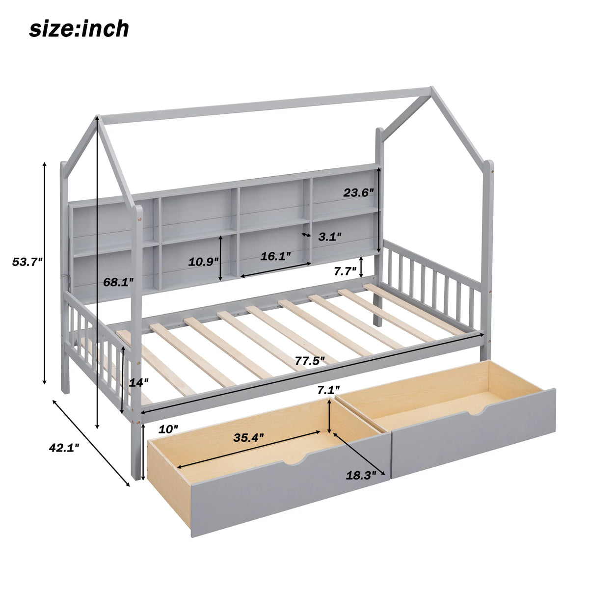 Wooden Twin Size House Bed with 2 Drawers and Storage Shelf Z461