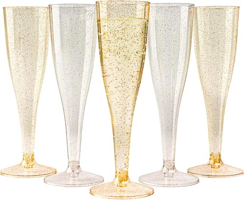 48 Glitter Gold Champagne Flutes 5oz Clear Plastic P35199