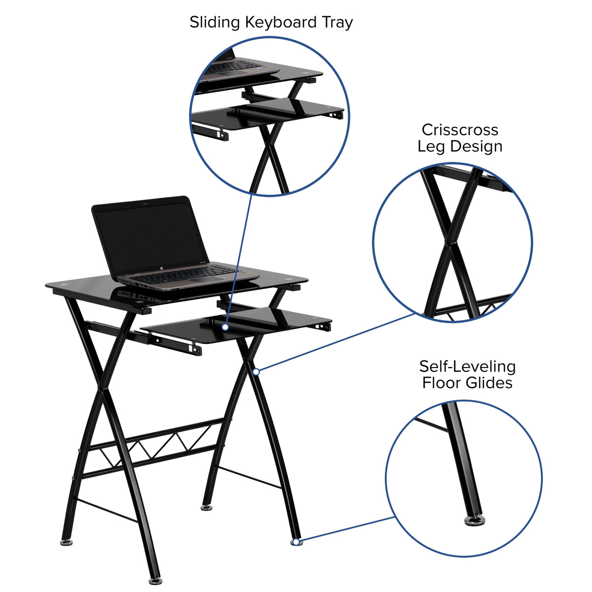 Black Tempered Glass Computer Desk with Keyboard Tray Y4678