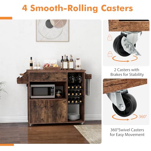 Rustic Brown Kitchen Island Cart with Drop-Leaf & Power Outlet B317