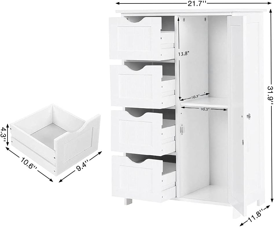White Wooden Floor Storage Cabinet with 1 Door & 4 Drawer Y1547